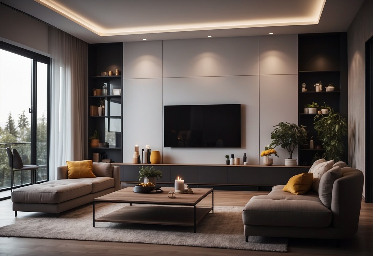 A modern living room with smart lighting devices controlled by a central hub. The room is illuminated with different colors and intensities, creating a cozy and futuristic atmosphere