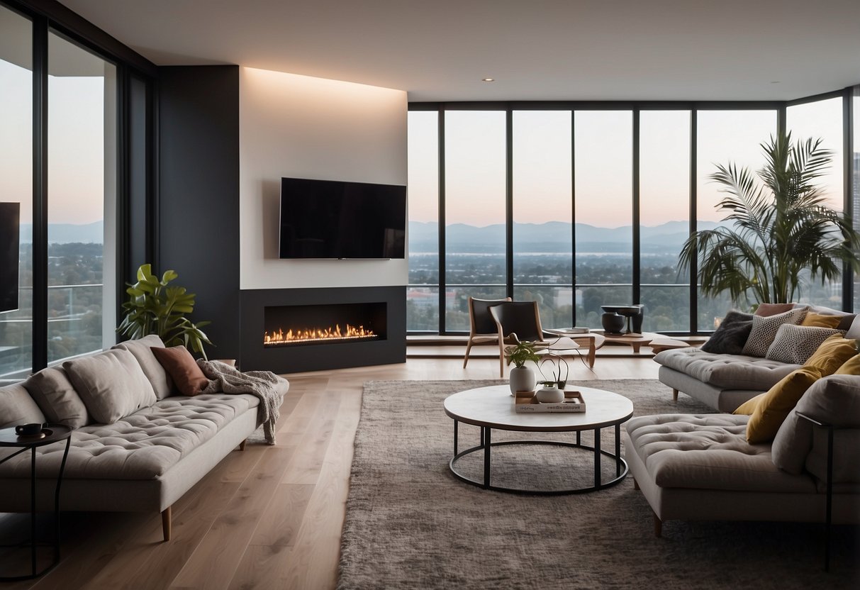 A modern living room with smart home devices like a climate control system, voice-activated speakers, and automated lighting