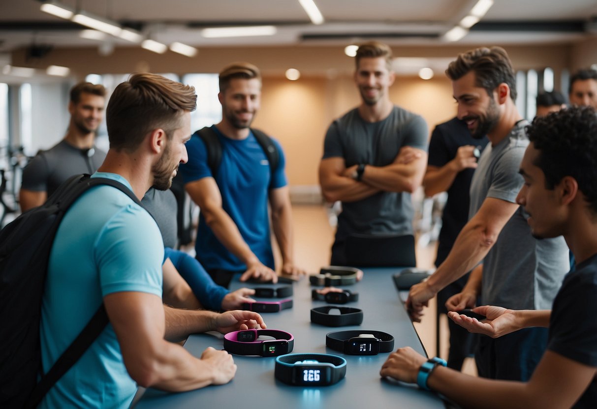 A table displaying various fitness trackers, surrounded by people trying them on and comparing features