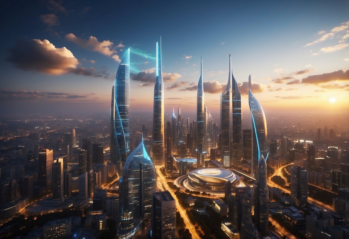 A bustling city skyline with futuristic 5G towers, connecting various industries such as healthcare, transportation, and entertainment, showcasing the impact of 5G technology on the world