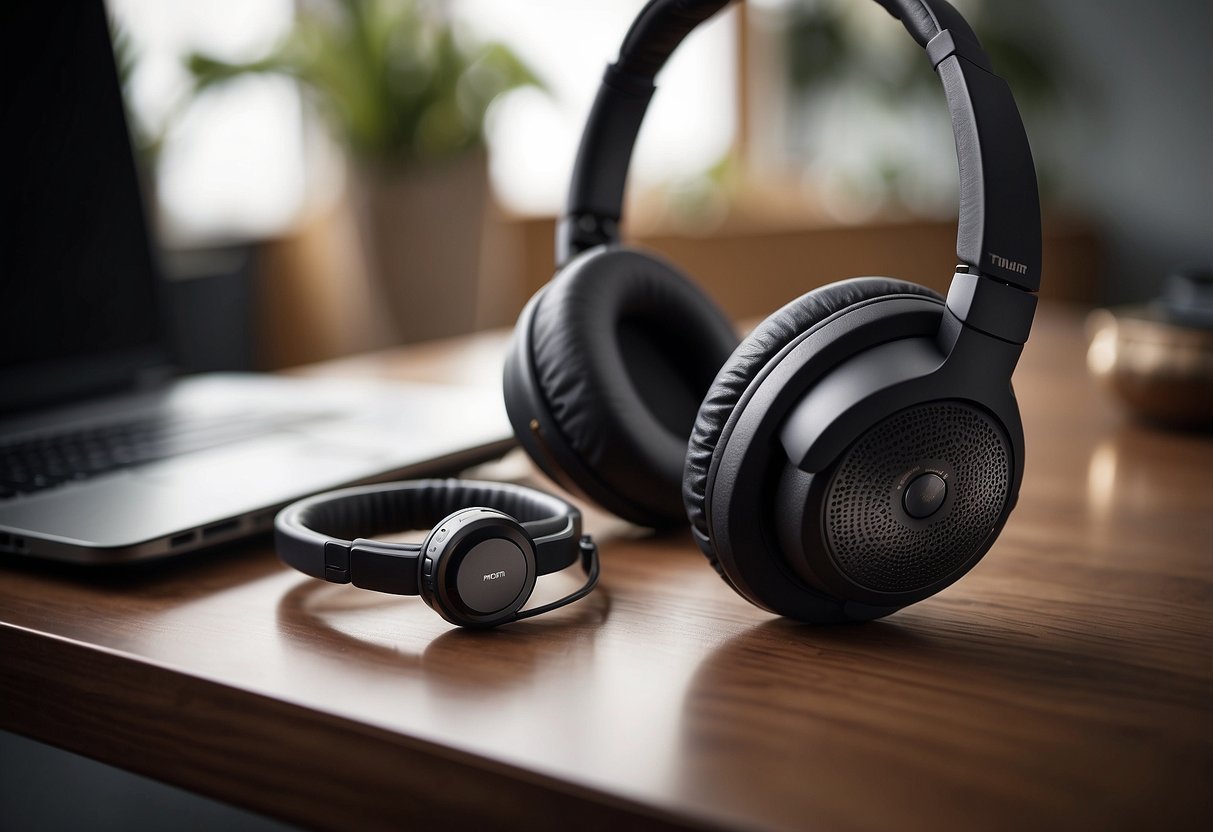 A pair of noise-canceling headphones sits on a sleek, modern desk. The headphones are connected to a music player, with sound waves being blocked by the advanced technology inside the headphones