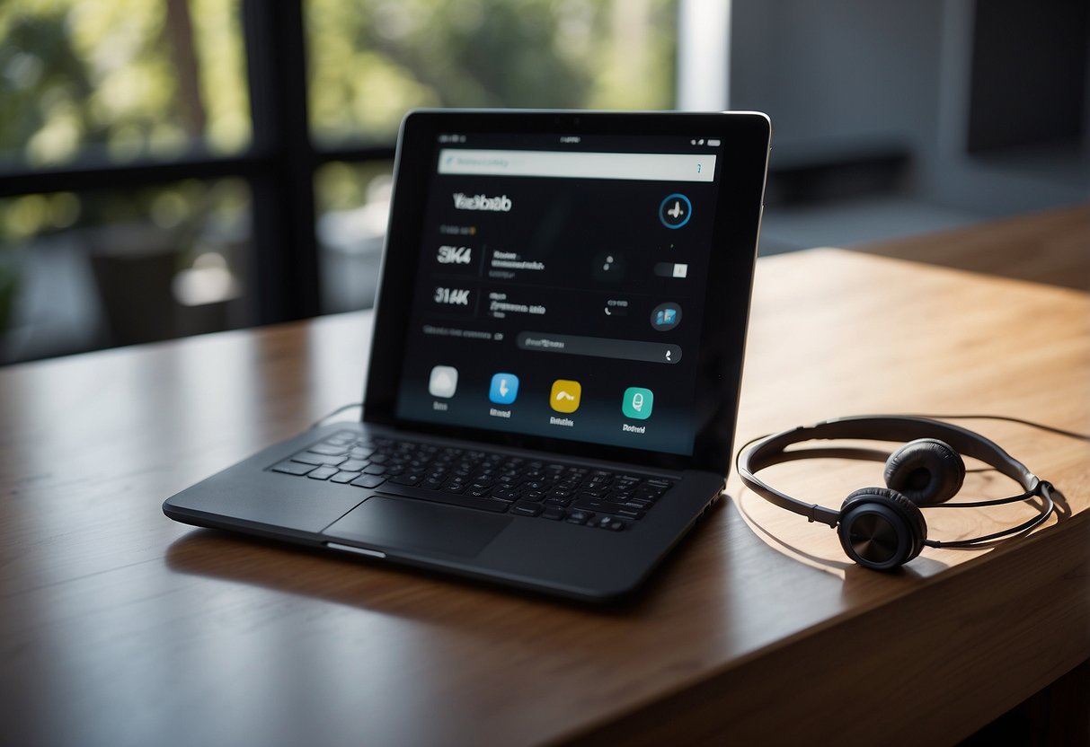 A person's desk with a pair of sleek, over-ear headphones connected to a smartphone via Bluetooth. The headphones are emitting sound waves with a canceling effect on surrounding noise