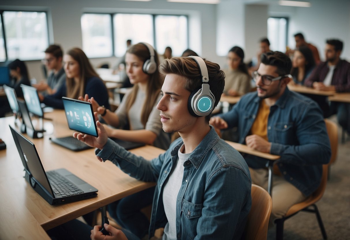 A classroom with students using AR gadgets to explore virtual simulations and interactive educational applications