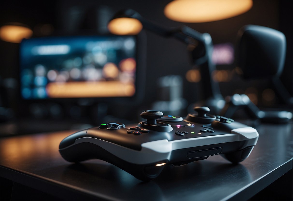 A futuristic gaming console connects to a VR system, surrounded by various gaming devices and controllers. The scene exudes a sense of advanced technology and seamless cross-platform play