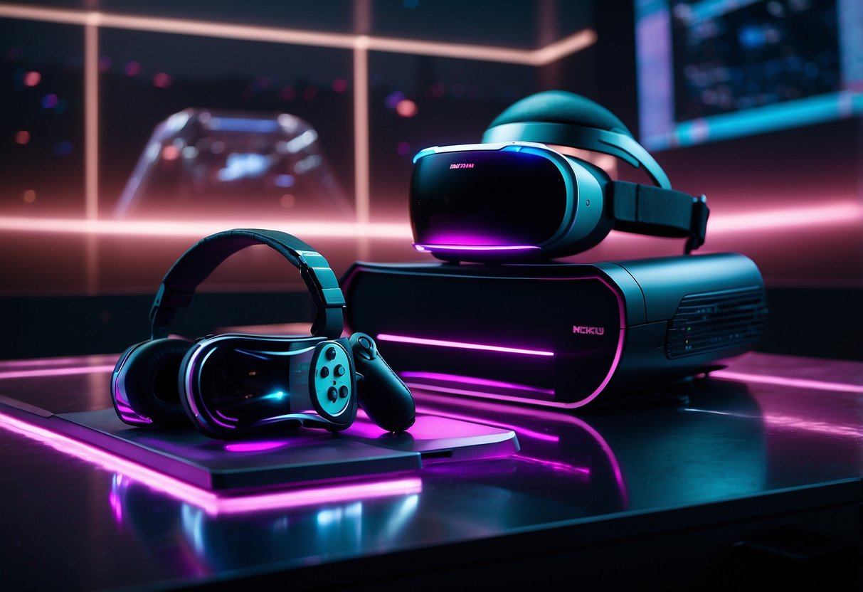 A sleek, futuristic gaming console sits next to a cutting-edge VR headset, surrounded by holographic displays and advanced control panels