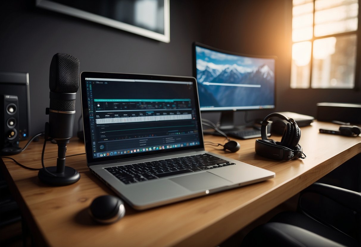 A desk with a laptop, microphone, headphones, audio interface, and other professional audio equipment arranged neatly for remote work