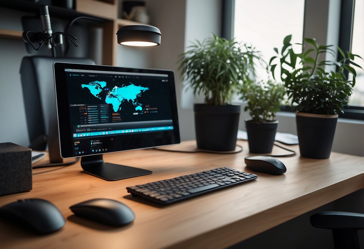 A clutter-free desk with a laptop, monitor, ergonomic keyboard, mouse, wireless charger, noise-canceling headphones, desk organizer, adjustable standing desk, natural light lamp, and a plant