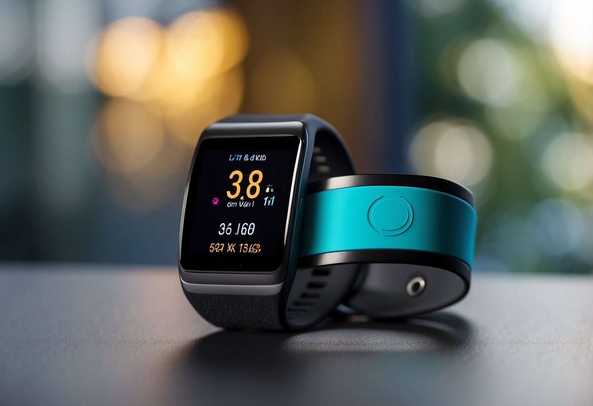 A sleek fitness tracker displayed on a modern, minimalist background with vibrant colors and sharp lines