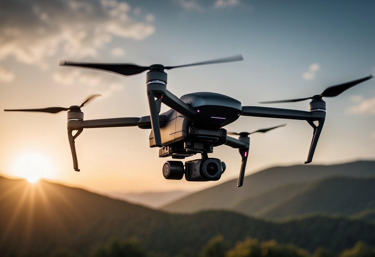 A sleek, modern drone hovers in the sky, equipped with advanced sensors and cameras. It is surrounded by other drones of varying sizes and designs, showcasing the evolution of drone technology