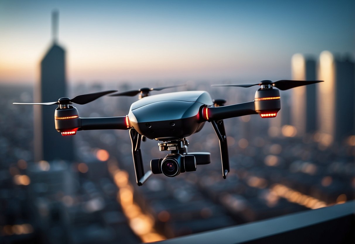 A sleek drone hovers above a cityscape, transmitting data with advanced communication systems. Cutting-edge technology is showcased in its design and functionality