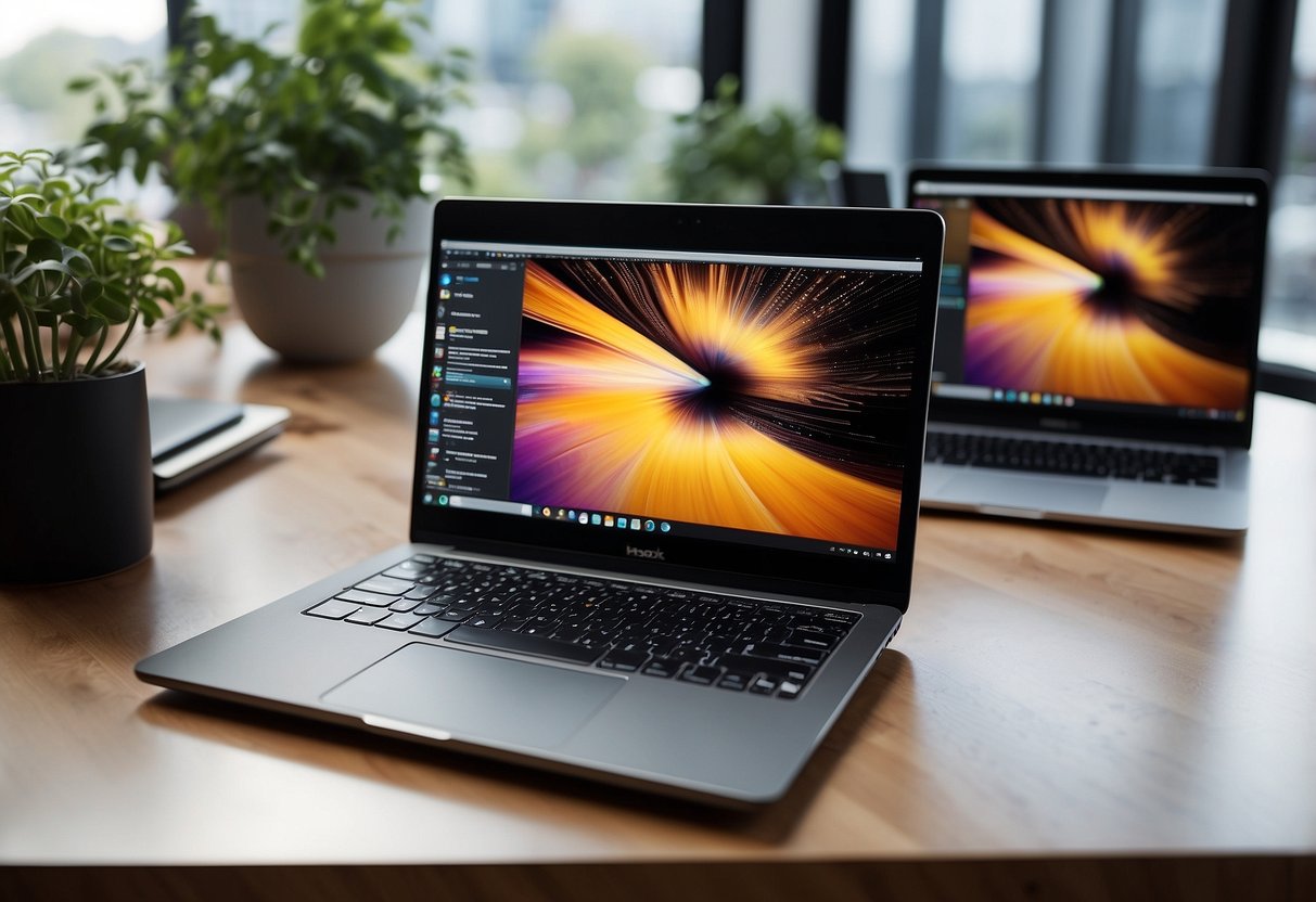 Five sleek laptops arranged on a modern desk, with vibrant screens displaying creative software and design tools. The room is filled with natural light, creating a bright and inspiring workspace for tech enthusiasts