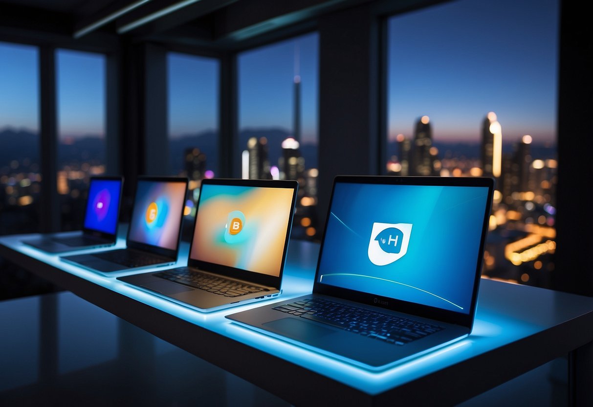 Five sleek laptops arranged on a futuristic desk, each displaying cutting-edge features like ultra-thin bezels and holographic touchscreens. The room is bathed in a soft, blue light, giving a modern and innovative vibe