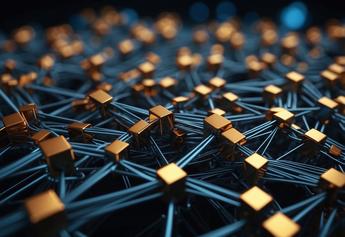 A network of interconnected blocks, each containing encrypted data, symbolizing the revolutionary potential of blockchain technology in various tech industries