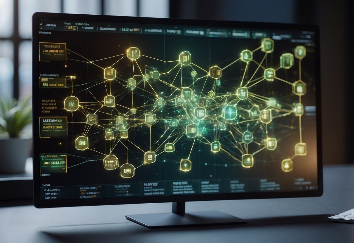 A computer screen displaying a blockchain network with interconnected nodes, representing the revolution of voting systems beyond cryptocurrency