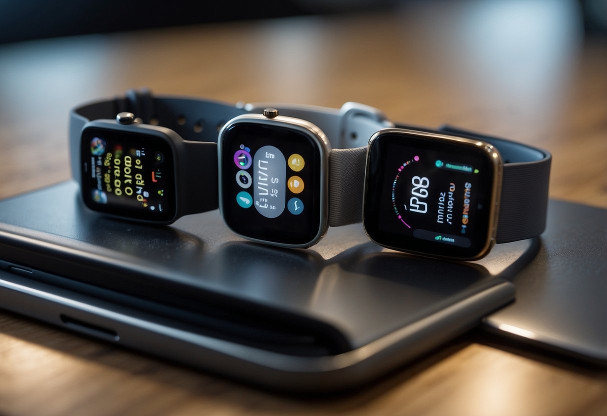 A table with various smartwatches, laptops, and smartphones, each running different operating systems. A fitness tracker and productivity app are displayed on the smartwatches