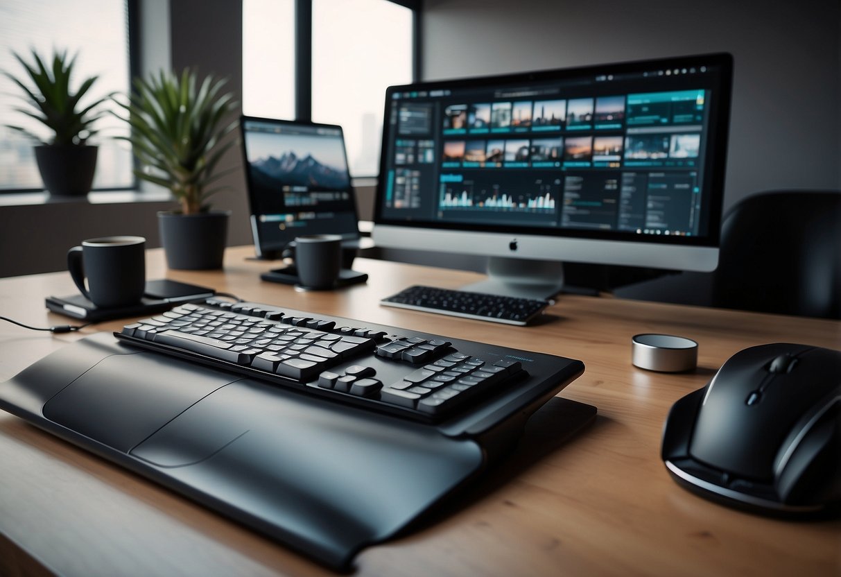 A sleek, modern desk setup with ergonomic keyboards and mice, surrounded by high-tech gadgets, creating a perfect balance of comfort and performance for a home office