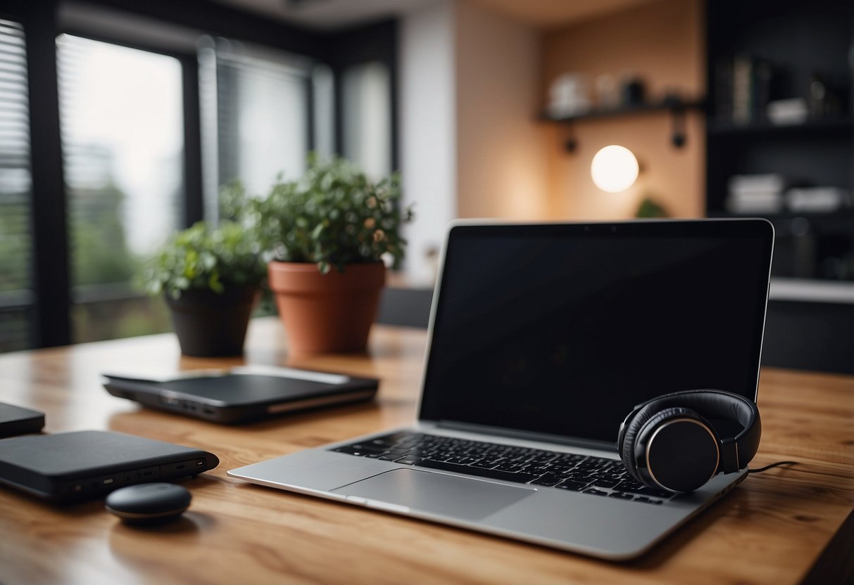 A sleek desk with a laptop, phone, and noise-canceling headphones. A cozy home office with modern tech gadgets for focused work sessions