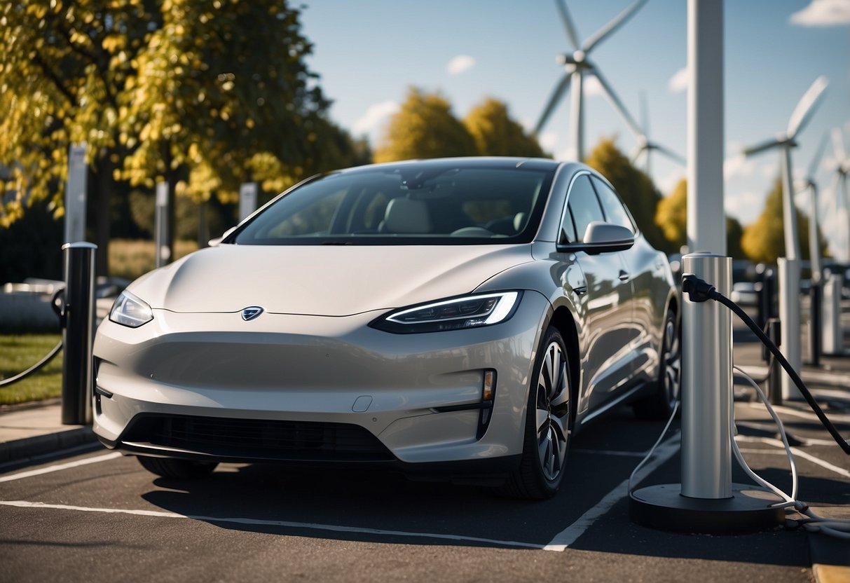 An electric vehicle charging at a sleek, modern charging station, surrounded by renewable energy sources such as solar panels and wind turbines