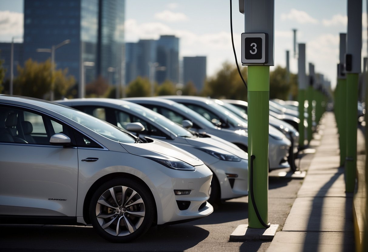 Electric vehicles charging from solar panels and wind turbines in a modern urban setting