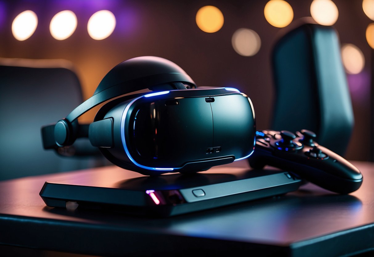 A VR headset and gaming console sit on a sleek, futuristic table, surrounded by holographic displays and cutting-edge gadgets