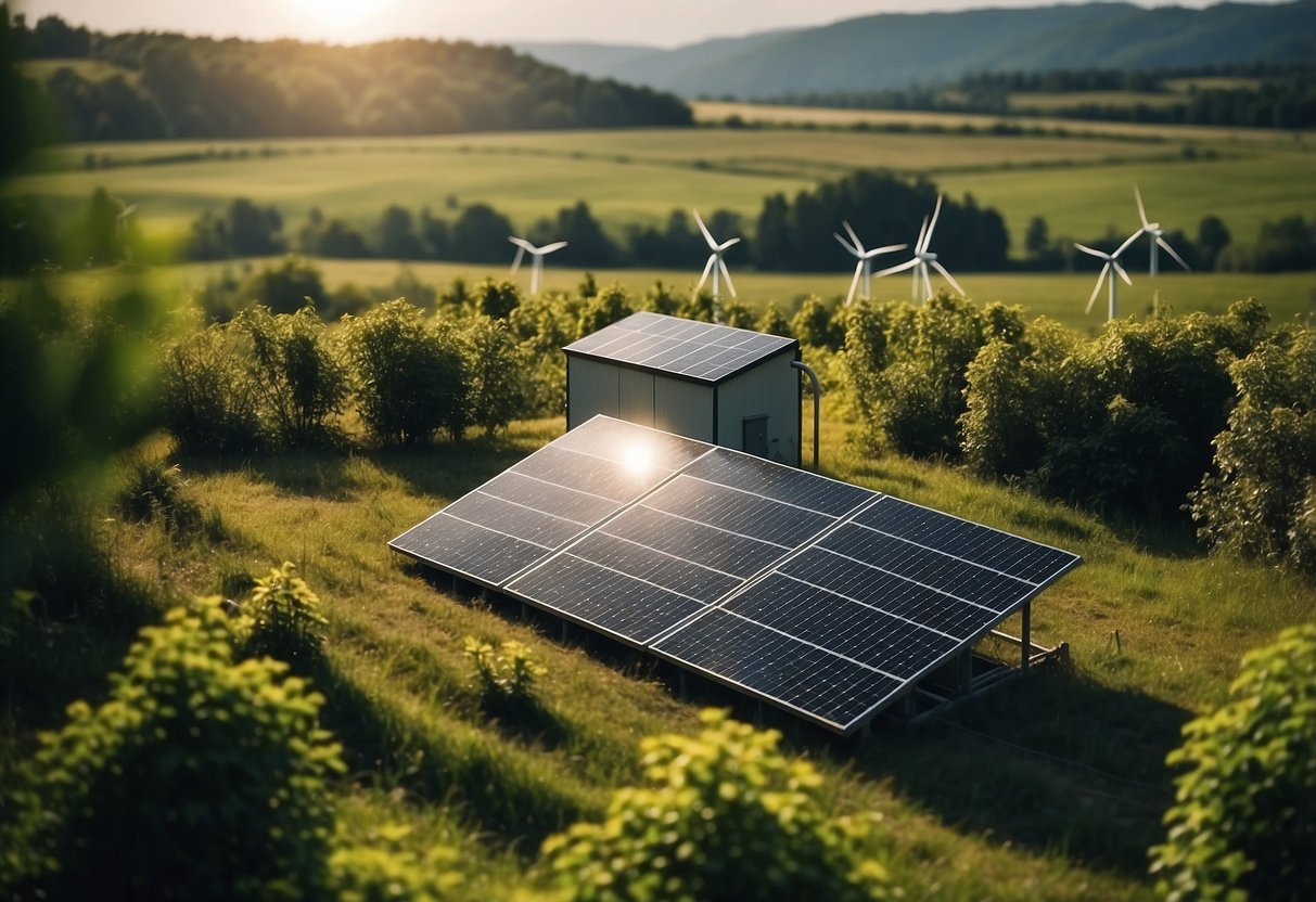 A lush green landscape with solar panels, wind turbines, and electronic devices being charged by renewable energy sources