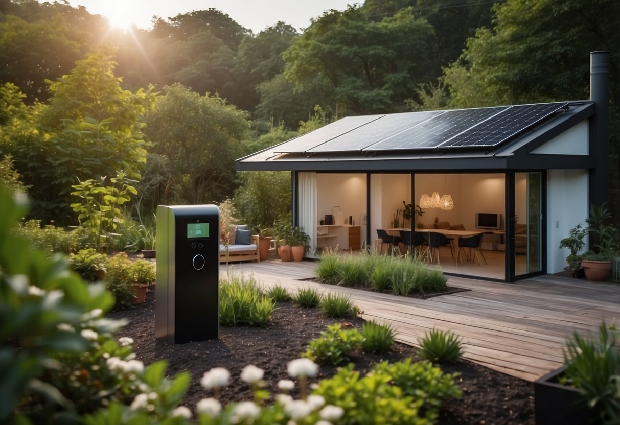 A modern smart home with eco-friendly gadgets like solar panels, energy-efficient appliances, and smart thermostats. The house is surrounded by a lush garden with a compost bin and rainwater harvesting system