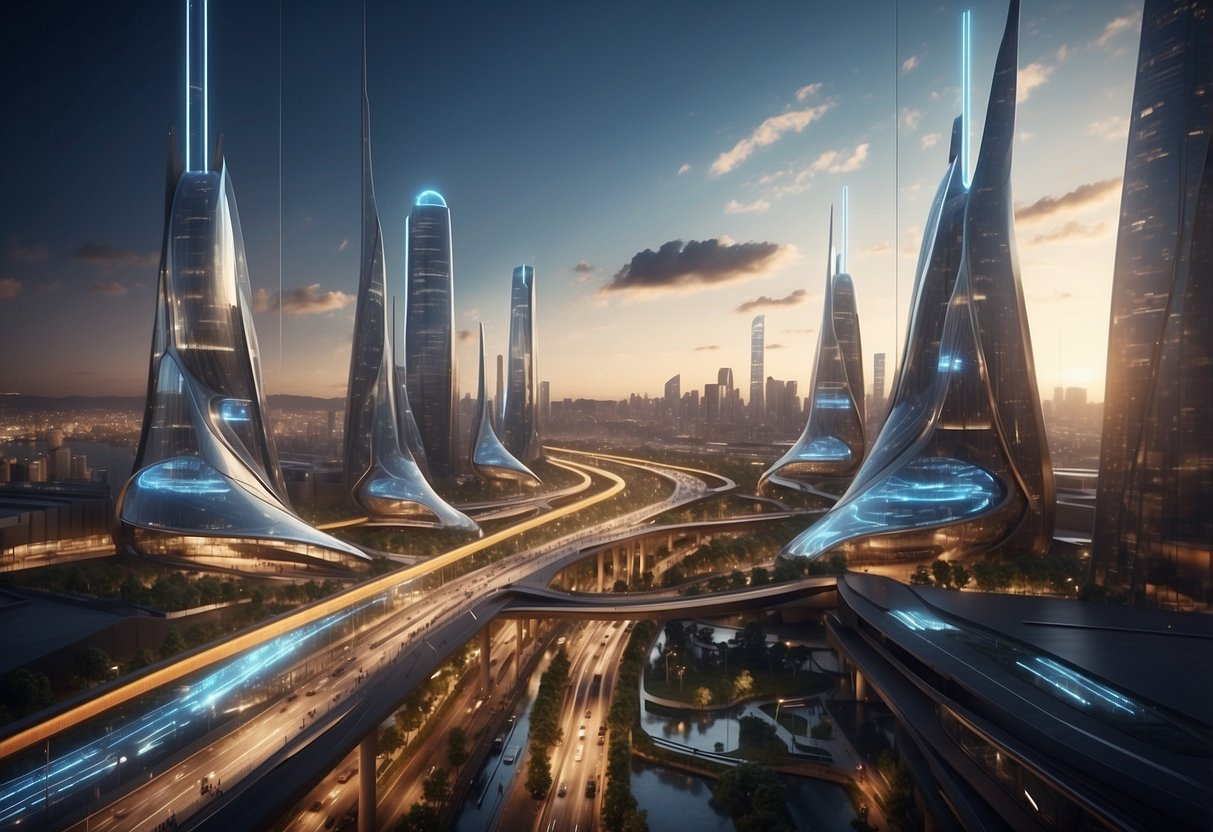 A futuristic city skyline with sleek, high-speed 5G towers and data streams connecting seamlessly between buildings and devices