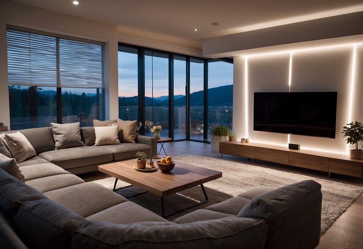 A modern living room with smart lighting and energy-efficient devices. Smart bulbs, thermostats, and appliances are controlled by a central hub