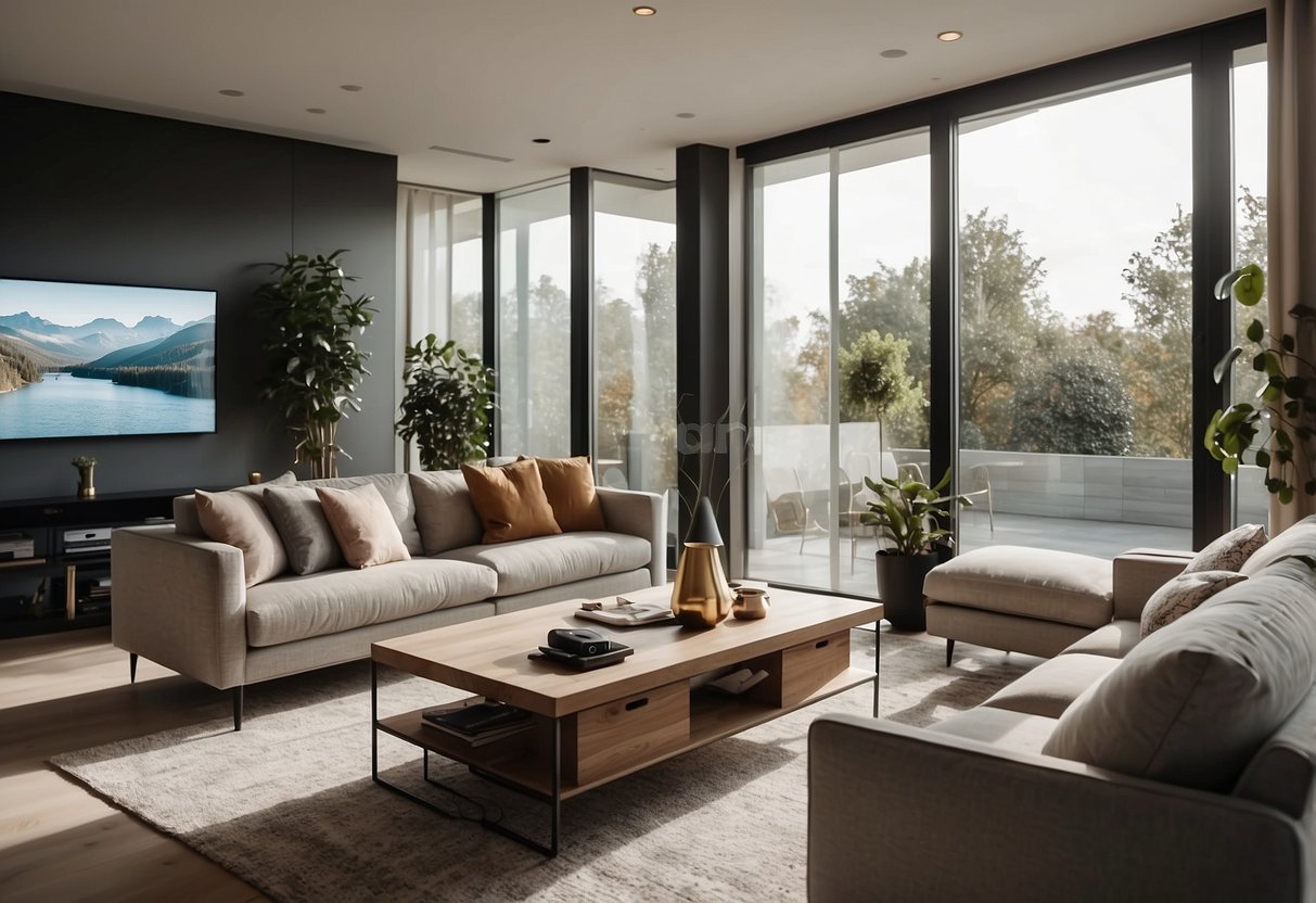 A modern living room with smart security devices, including a sleek security camera, a smart lock on the front door, and a motion sensor