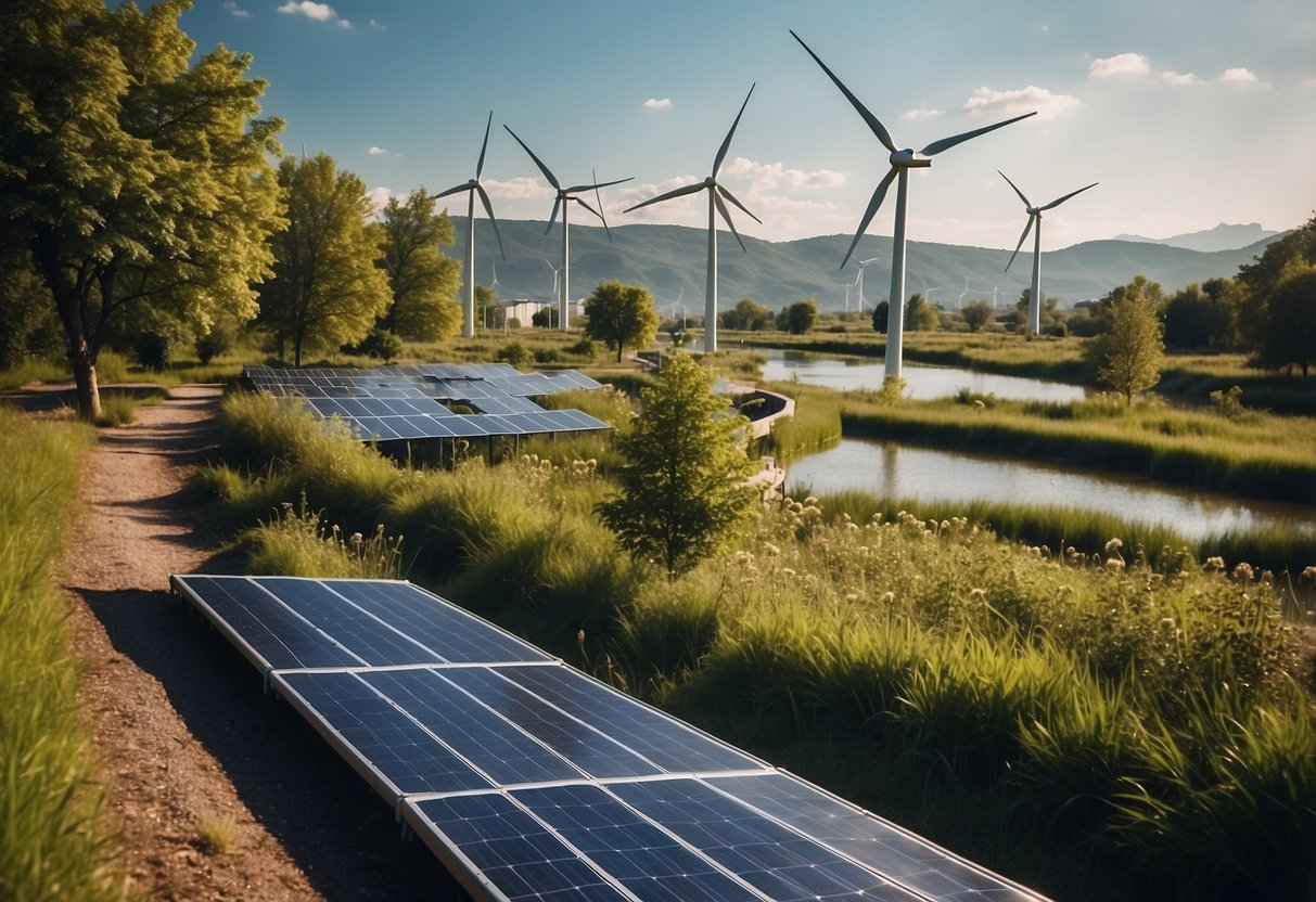 A lush green landscape with solar panels and wind turbines, surrounded by clean, flowing water and wildlife. A modern city in the background with eco-friendly buildings and electric vehicles