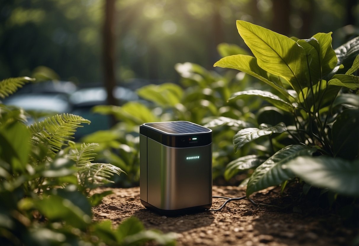 A solar-powered smartphone charging station surrounded by lush greenery and wildlife, showcasing the integration of sustainable technology with nature