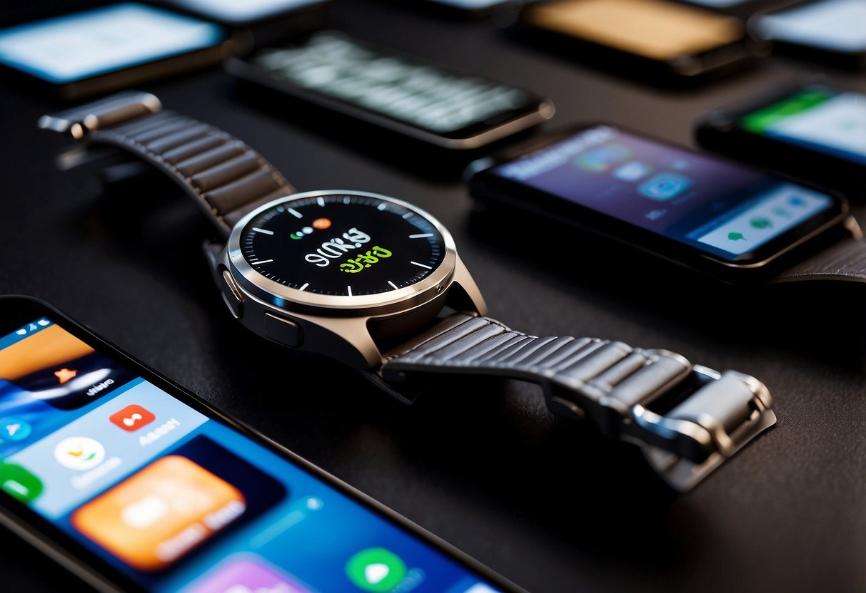 Smartwatches and various smart devices arranged on a sleek, modern desk. Health and productivity-related apps displayed on the screens