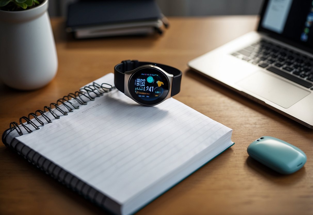 A smartwatch sits on a sleek, modern desk next to a water bottle and a notebook, symbolizing its role in enhancing health and productivity for a busy lifestyle