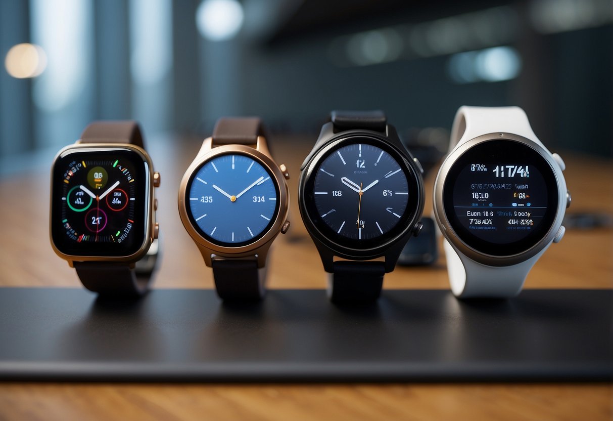 A collection of sleek, modern wearable devices, including smartwatches, fitness trackers, and augmented reality glasses, displayed on a futuristic, minimalist backdrop