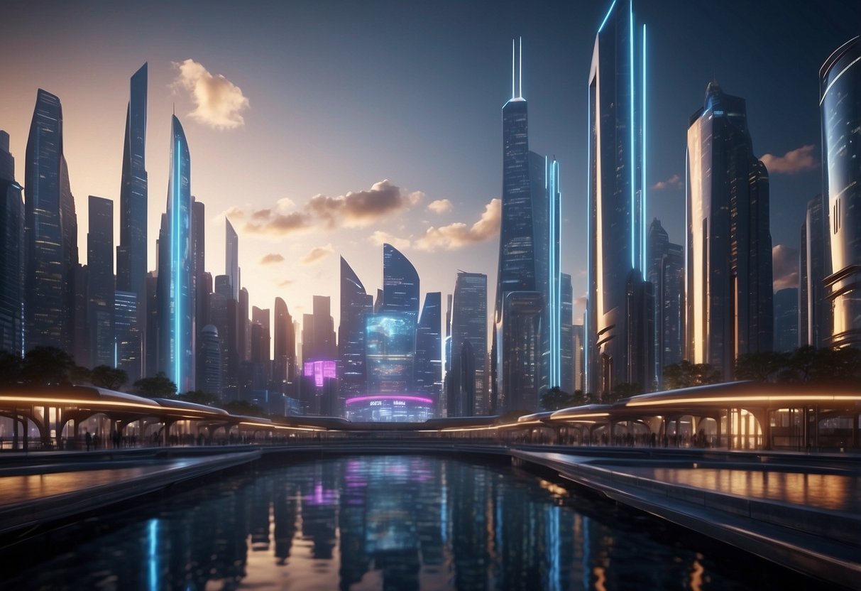 A futuristic cityscape with sleek, towering buildings. Neon lights and holographic displays illuminate the streets. Next-gen consoles and VR systems are integrated seamlessly into the urban environment