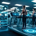 A futuristic gym with holographic workout programs and AI trainers guiding users through personalized fitness routines