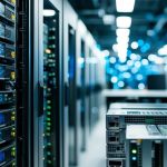 A bustling server room with various connected devices and equipment, showcasing the integration of edge computing in modern IT infrastructure