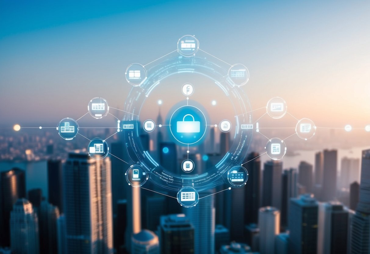 A network of interconnected devices processing data at the edge of a city skyline