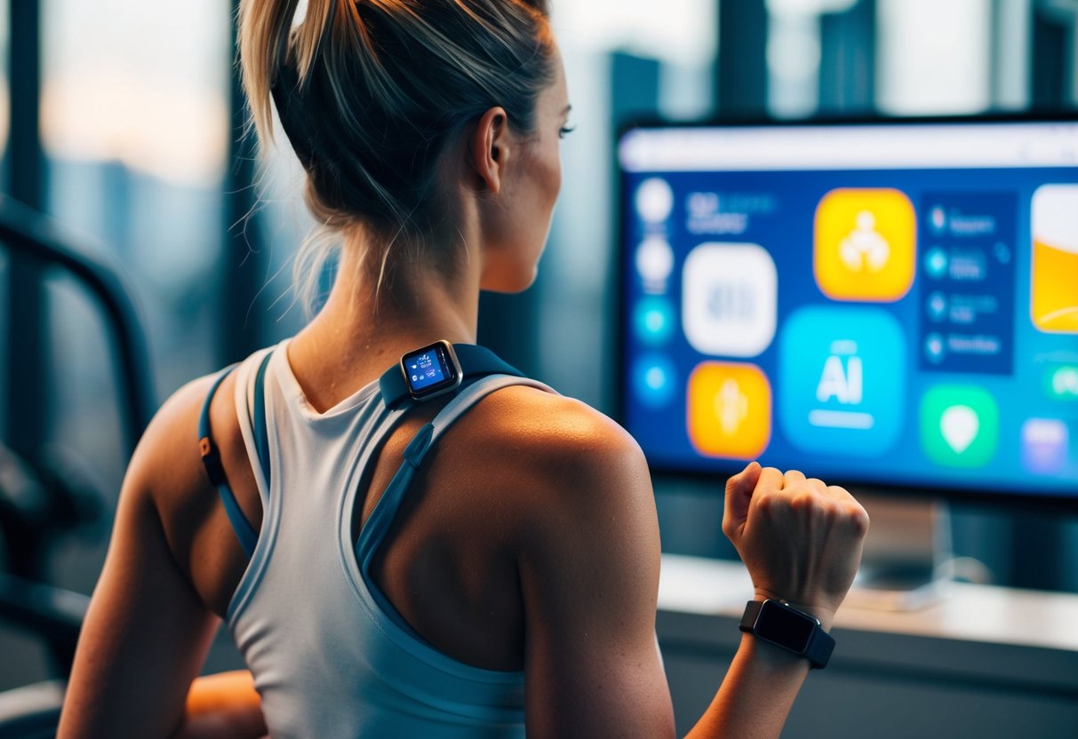 A person wearing a fitness tracker while working out, with various AI-powered fitness apps displayed on a nearby screen