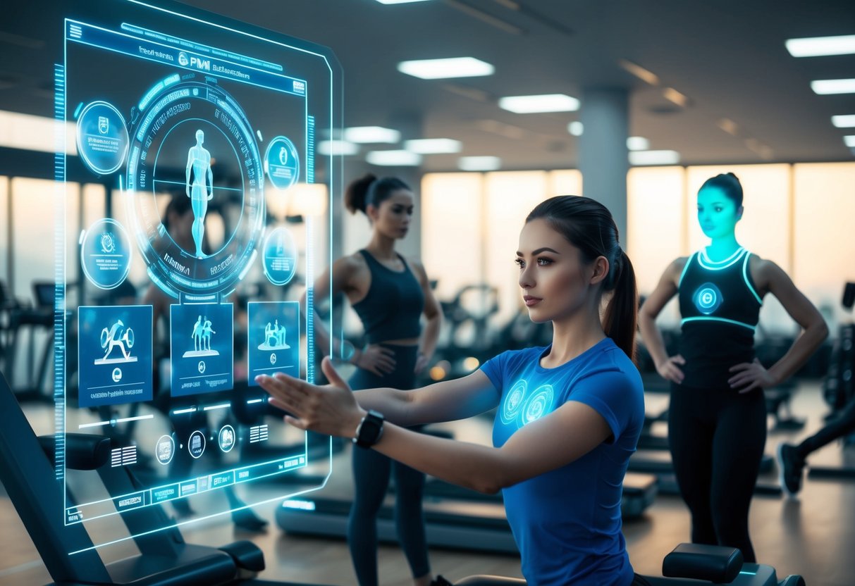 A futuristic gym with holographic workout programs and AI trainers guiding users through exercises