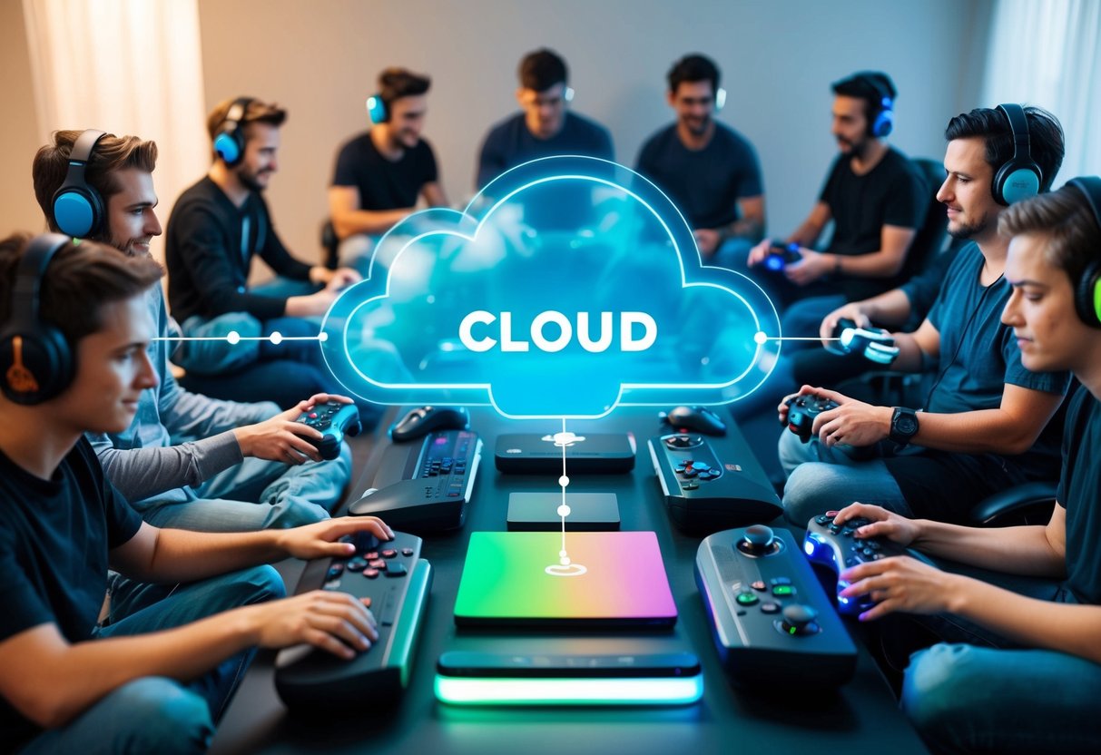 A diverse group of gamers, represented by various gaming consoles and devices, are seamlessly connected to a cloud gaming platform, symbolizing accessibility and inclusivity in the future of gaming