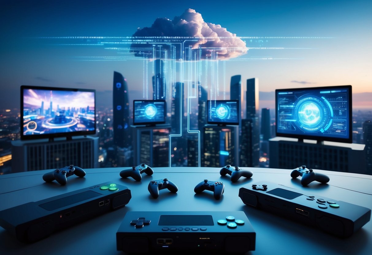 A futuristic cityscape with gaming consoles and controllers streaming data into the clouds, while gamers interact with virtual worlds on large screens