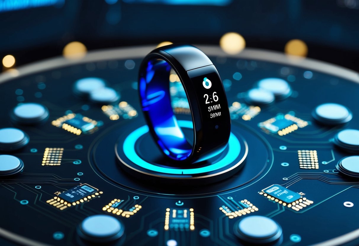 A sleek, futuristic smart ring glows with a vibrant display, surrounded by advanced sensors and biometric tracking technology