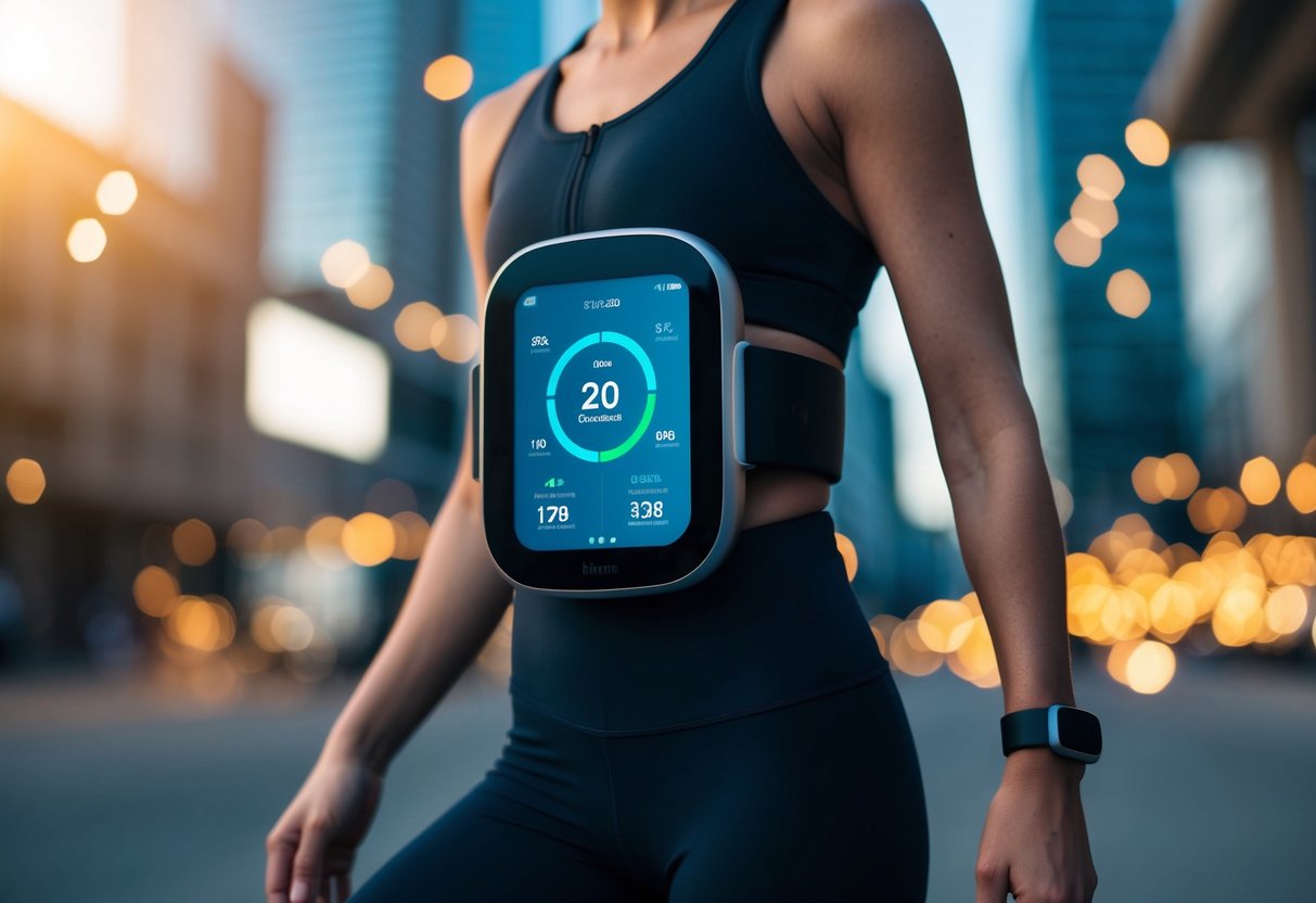 A sleek, futuristic wearable fitness device displays biometric data while seamlessly integrating with the user's clothing