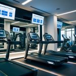 A futuristic gym with AI-powered equipment and screens displaying personalized workout programs for various users