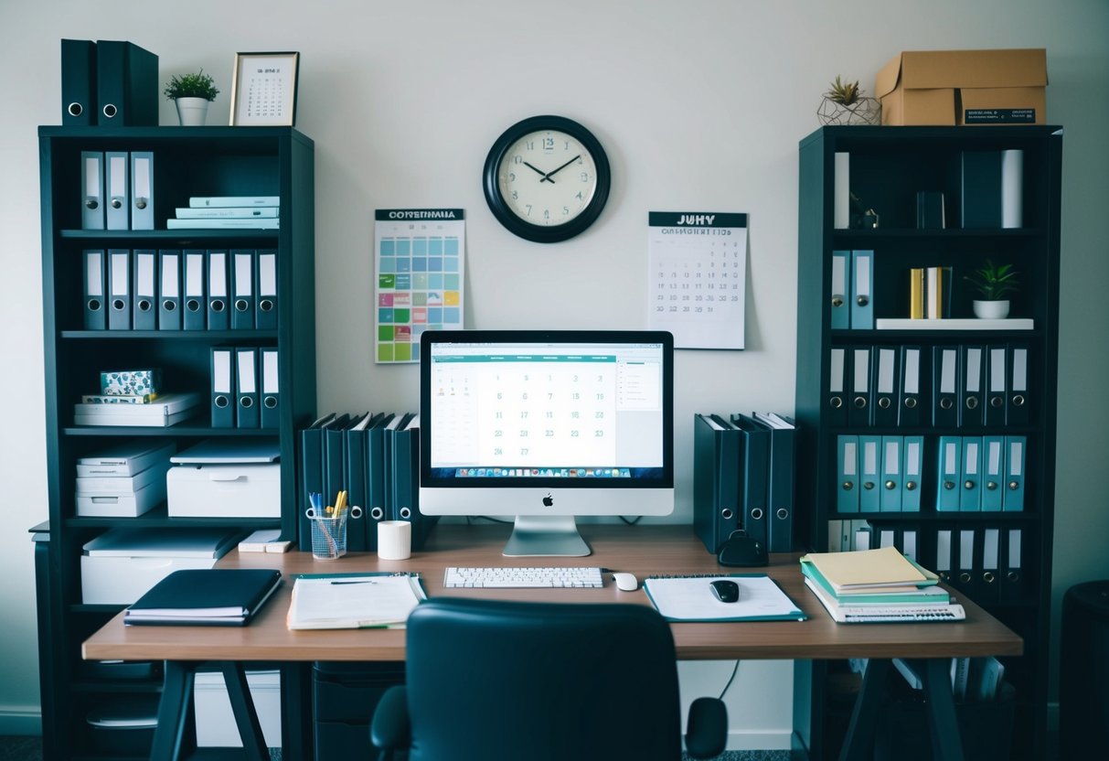 A cluttered desk with a computer, files, and a calendar, surrounded by organized shelves of office supplies and a clock on the wall