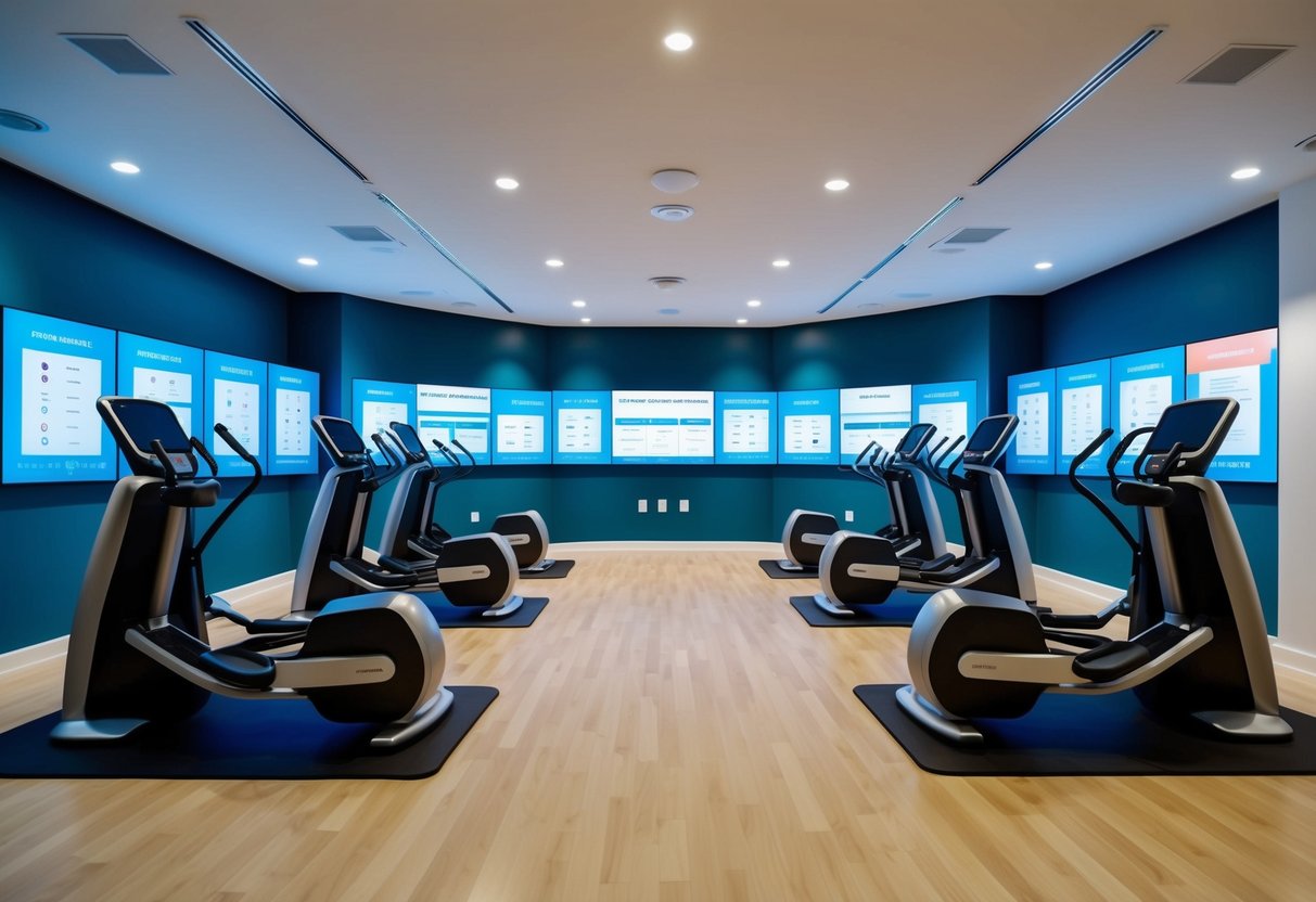 A futuristic gym with AI-powered workout equipment and screens displaying personalized fitness programs for users