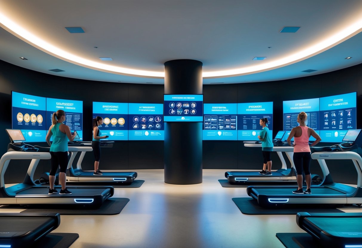 A futuristic gym with AI-coached programs displayed on screens, while personal trainers guide clients through workouts in a sleek, high-tech environment