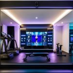 A sleek, modern home gym with a large smart mirror displaying virtual workout routines. High-tech equipment and vibrant lighting create an immersive fitness experience