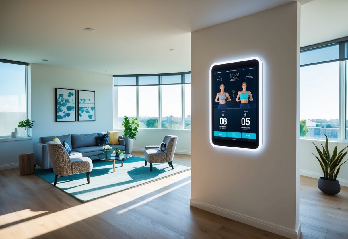 A modern living room with a sleek, wall-mounted smart mirror displaying workout data and virtual fitness trainers. The room is well-lit with natural sunlight streaming in through large windows, creating a bright and inviting atmosphere